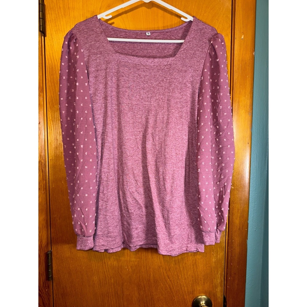 Tickled Teal Swiss Dot Puff Sleeve Womens Square Neck Pink‎ Top M